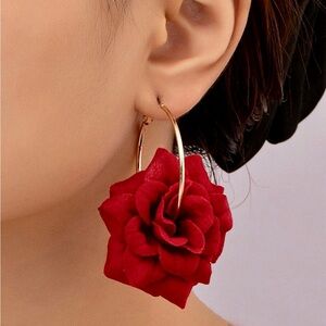 Elegant Red Rose Hoop Earrings